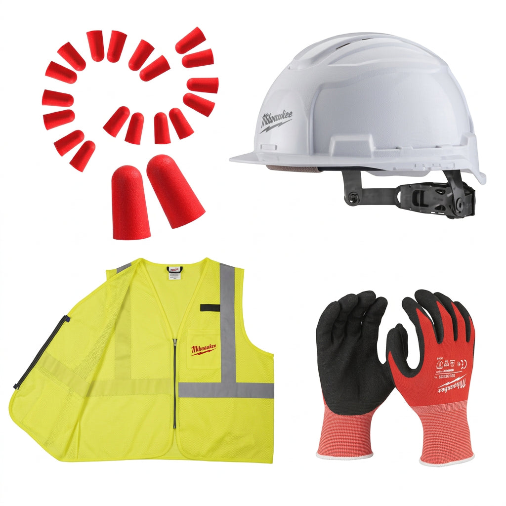 Kit Gilet alta visibilità, elmetto Bolt 100, tappi e guanti – Milwaukee