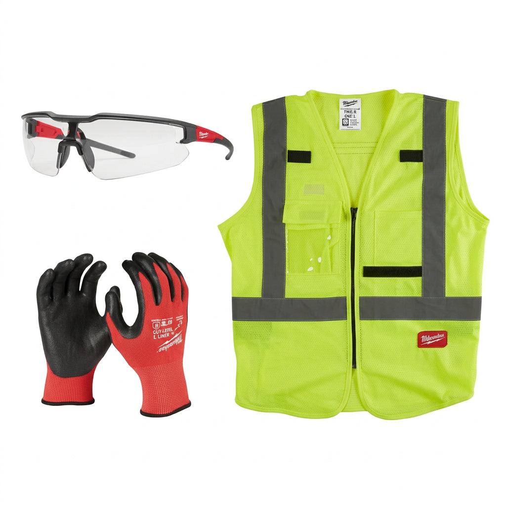 Kit Gilet alta visibilità, occhiali e guanti – Milwaukee