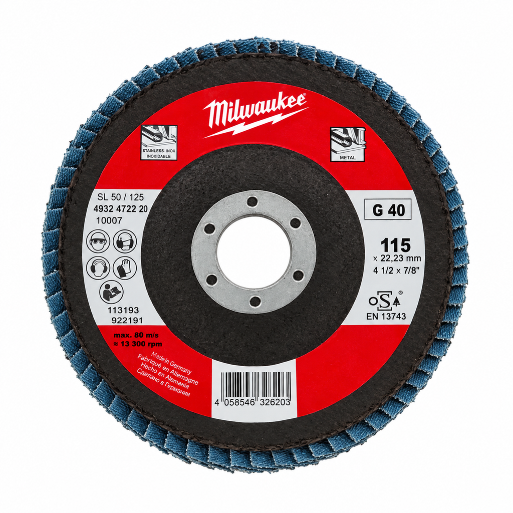 Disco Milwaukee a lamelle d. 115 grana 40 – disco a lamelle 115 mm grana 40 – Ferraro Srl